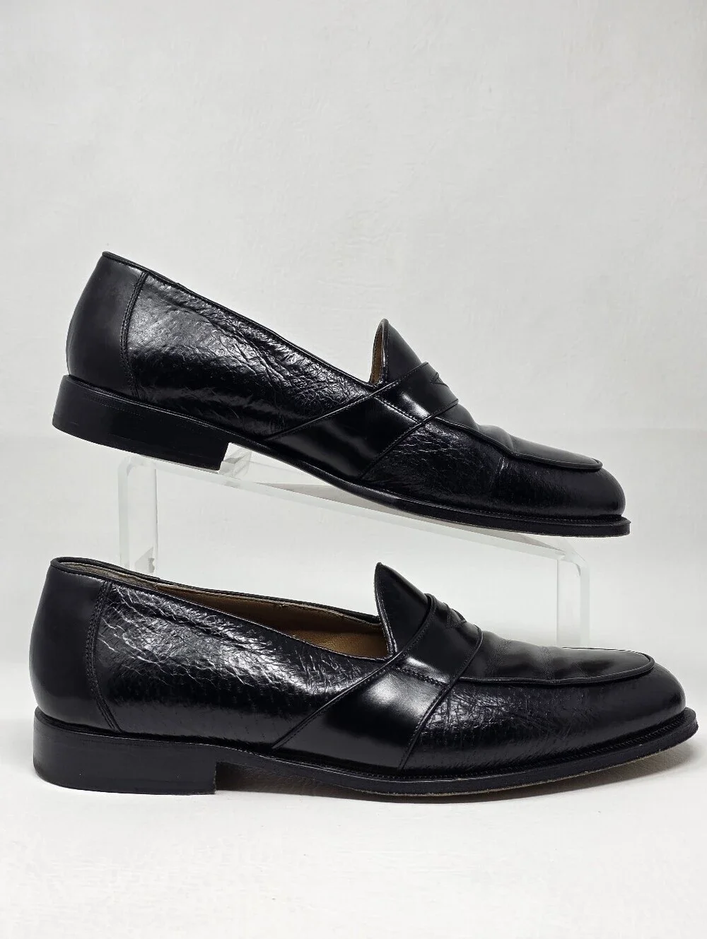 Johnston Murphy Men Italian Black Leather Penny Loafers Slip-on Size 9 Pre-owned